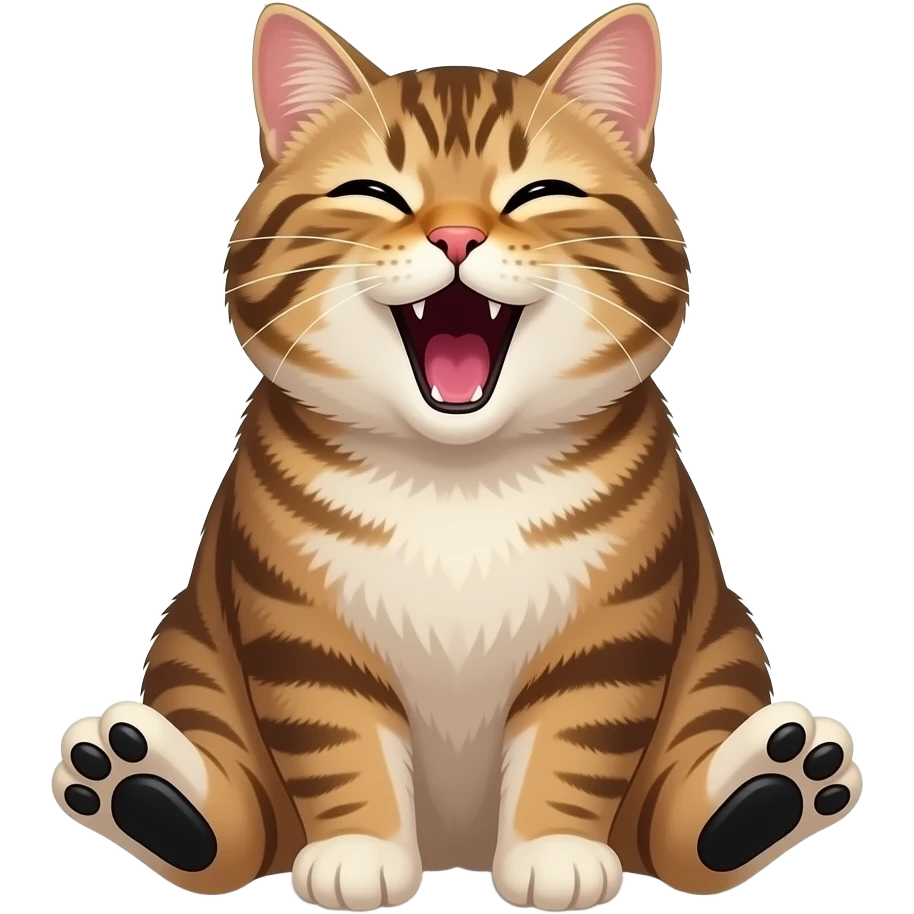 Fat Brown and cream color tabby cat with orange spot on forehead. Sitting like a person with black toebeans showing. Yawning with zzz over head emoji