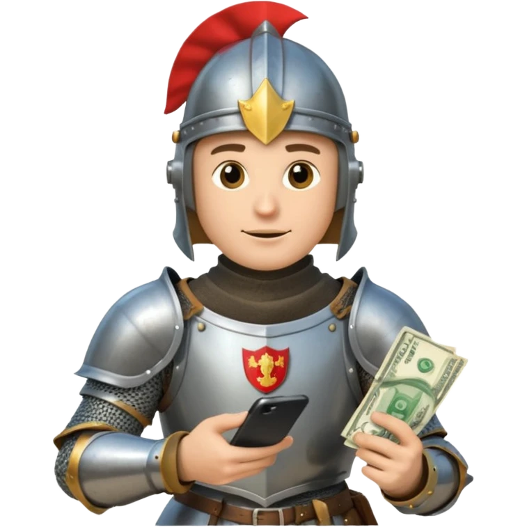 Knight with helmet holding phone and money neutral skin colour emoji