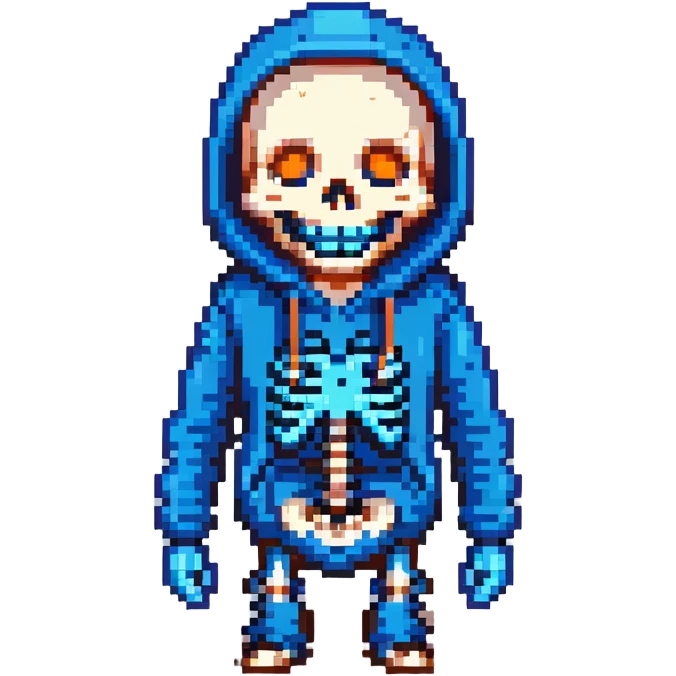 Sans from Undertale with glowing blue eye, skeleton with permanent grin, wearing blue hoodie emoji