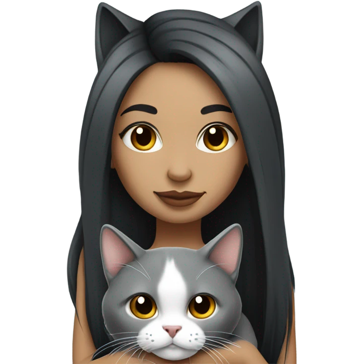 Beautiful dark haired tattooed woman holding gray and white long hair cat emoji