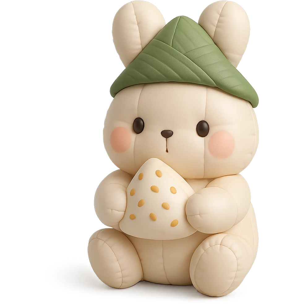 bunny wearing a green zongzi leaf hat, holding a sweet rice dumpling, soft colors emoji