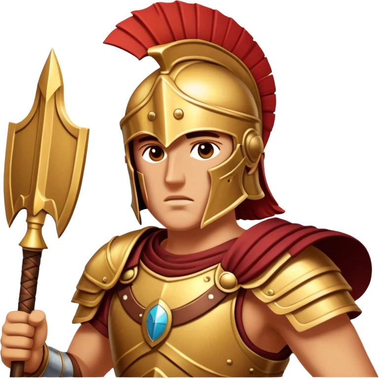 Cinematic-realistic Achilles emoji portrait fearlessly on the battlefield of Troy. His trojan armor gleams , each intricate engraving telling tales of his past glories. His piercing gaze locks onto his foe, his grip tightening around his spear.  emoji