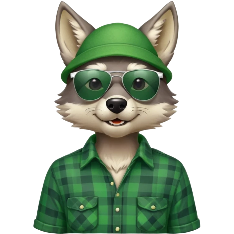 head and shoulders friendly anthropomorphised wolf in green plaid shirt and green attire for St. Patrick's Day, wearing dark sunglasses, upright pose emoji