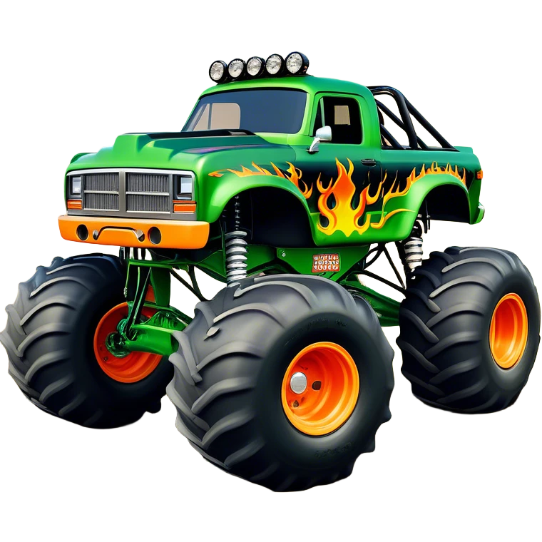 Grave Digger - Monster Jam (Model Year: 2022) (Iconic colour: Green with flames) - A legendary monster truck with a fearsome design: predominantly deep green with dynamic, vibrant flame graphics in bright orange and yellow. Highlight its rough, edgy bodywork and an aura of untamed rebellion. emoji