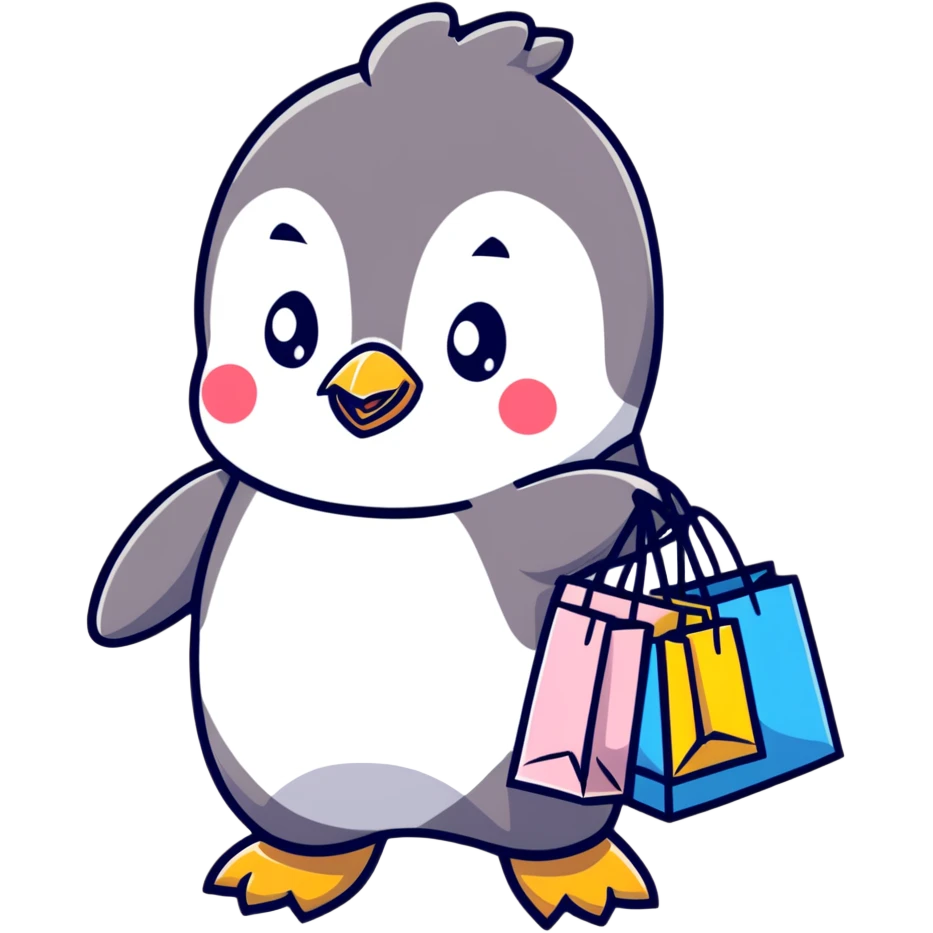 kawaii baby penguin at a shopping mall with shopping bags emoji