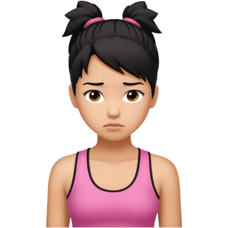 A tan girl with black hair in a ponytail. Wearing a pink tank top. Looking sad emoji
