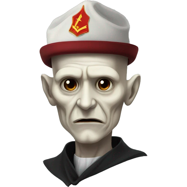 Voldemort with a Soviet Union hat biting his lip without nose emoji