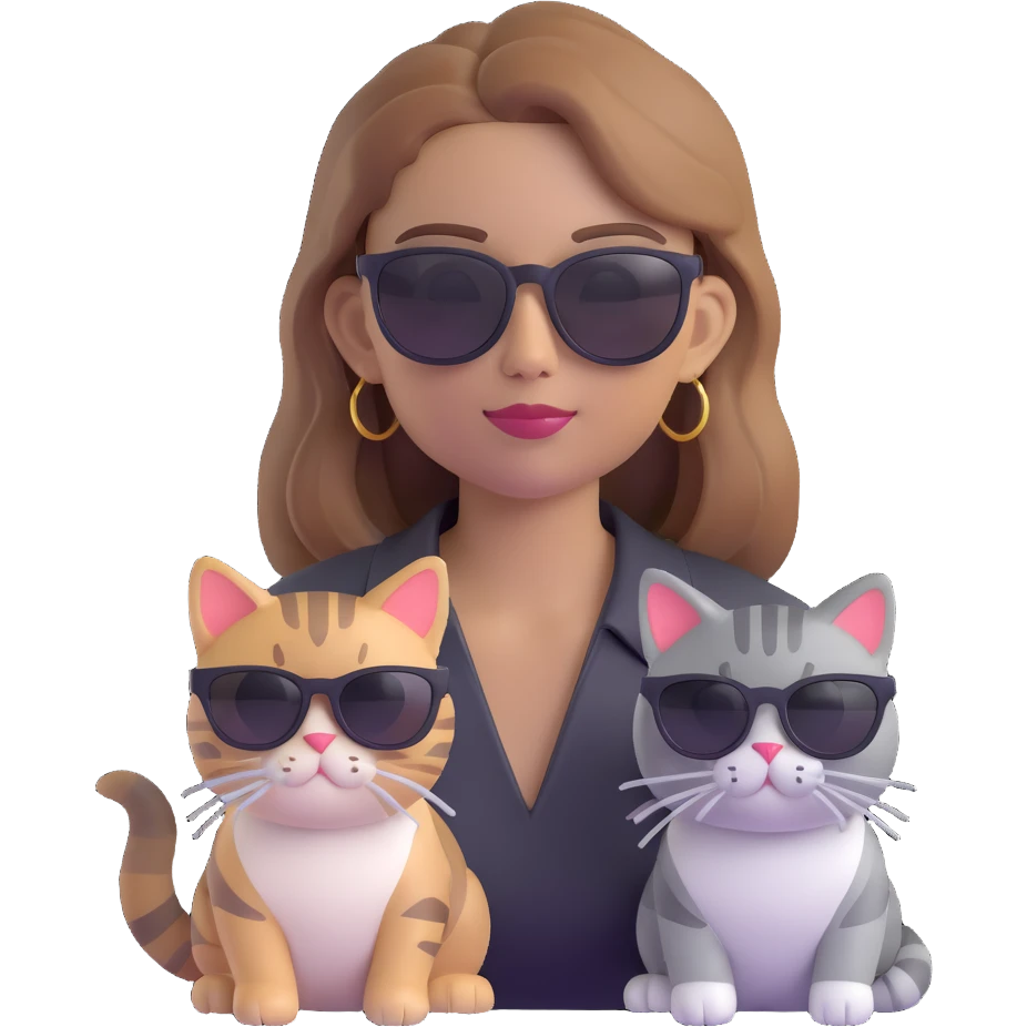 white woman with light brown ombre hair and grey tabby cat, both wearing black sunglasses, looking cool, 3D emoji style similar to Apple Memoji emoji