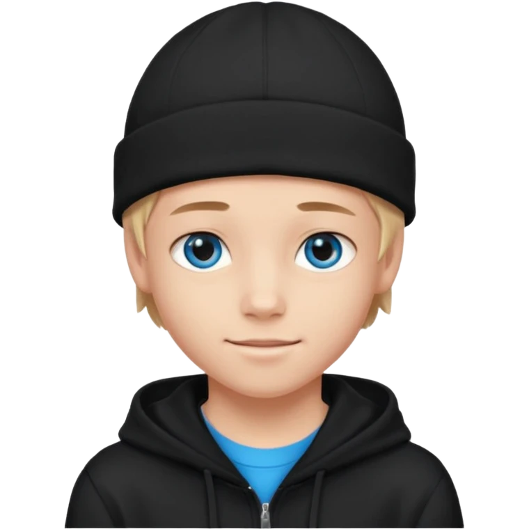handsome and young teen pinterest boy good at fashion. popular among 'that brat girl', wearing hoodie (no blue) and beanie with blue eye  and little smile  emoji