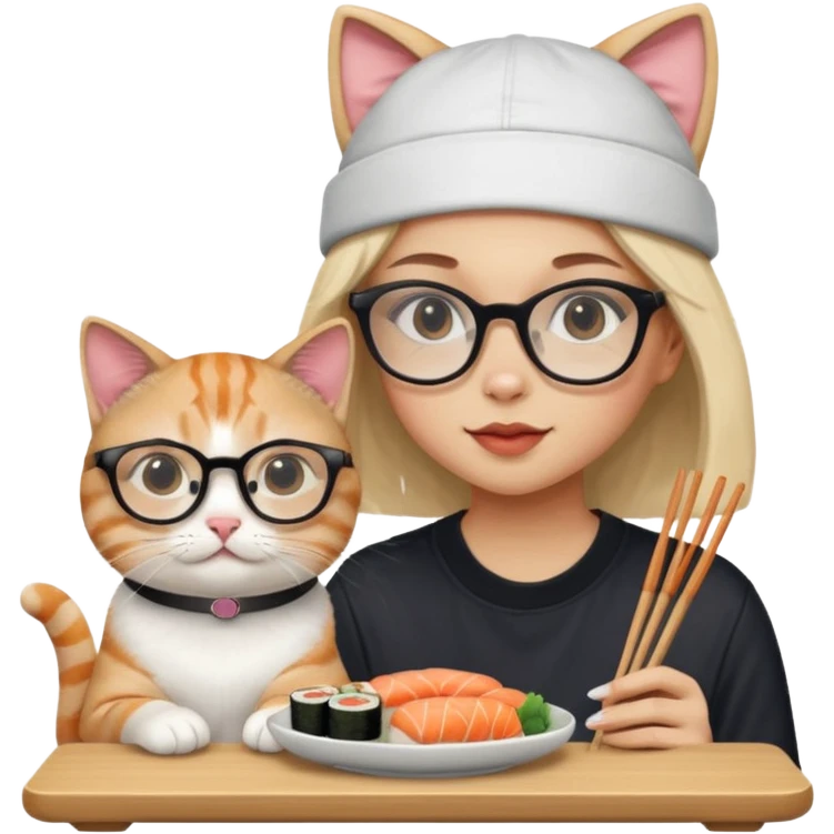 cute girl cat with really big square glasses with super thin frames eating sushi with a boy cat wearing a san antonio spurs cap emoji
