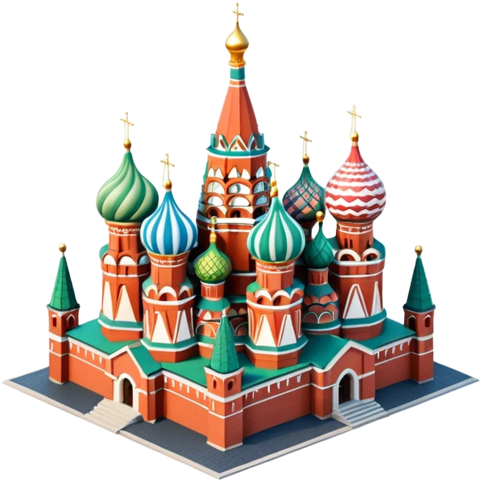 Isometric illustration of Moscow, featuring Saint Basil's Cathedral with colorful onion domes, hand-drawn painterly details, subtle texture on bricks and roofs, realistic shadows and soft lighting, muted yet vivid color palette, diorama miniature effect. emoji
