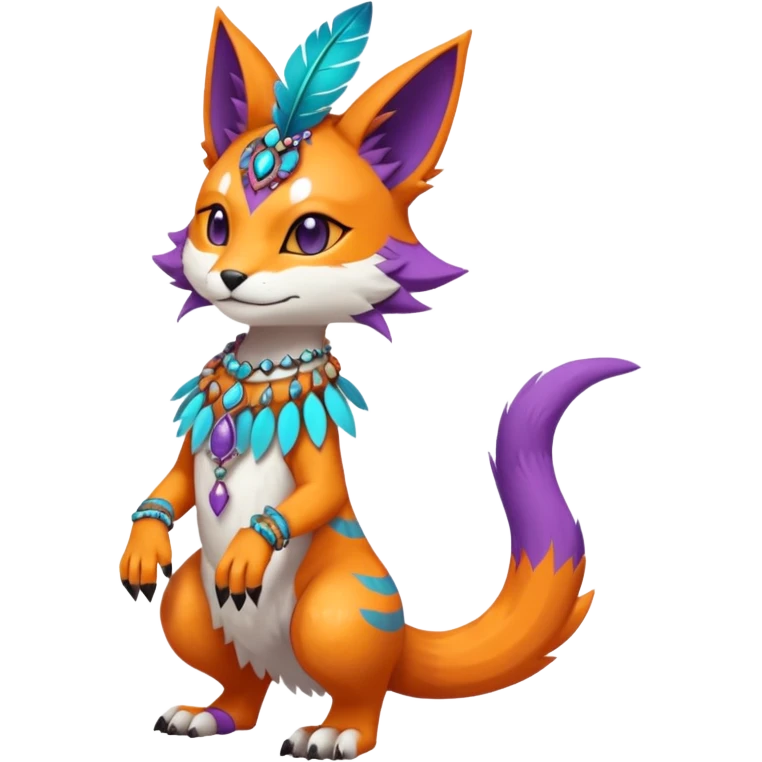 Kawaii cute orange purple turquoise exotic tribal beautiful pretty elegant divine edgy feline-vernid-sergal-Fakémon-Pokémon-Digimon-fursona-animal-creature with bracelet, necklace, full body, with intricate detailed markings, feather headdress  emoji