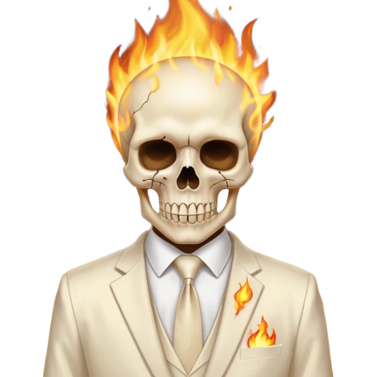 cinematic - aesthetic shiny glowing lighting - Megadeth icon - a politician in an ivory ethereal suit wears a white tie, has a skull instead of a head, and instead of glasses, burns in fire emoji