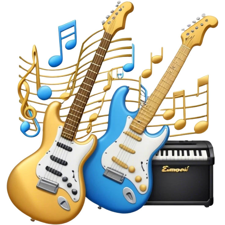 Create an elegant and dynamic emoji that represents music arrangement and orchestration. The design should feature musical notes, a synthesizer, drums, and an electric guitar, symbolizing the diverse instruments used in arranging and orchestrating music. Incorporate flowing lines to represent harmony and rhythm, with a subtle representation of sheet music. Use a combination of vibrant and classic colors like electric blue, gold, and silver, blending the electronic and traditional aspects of arrangement. The background should be transparent. emoji