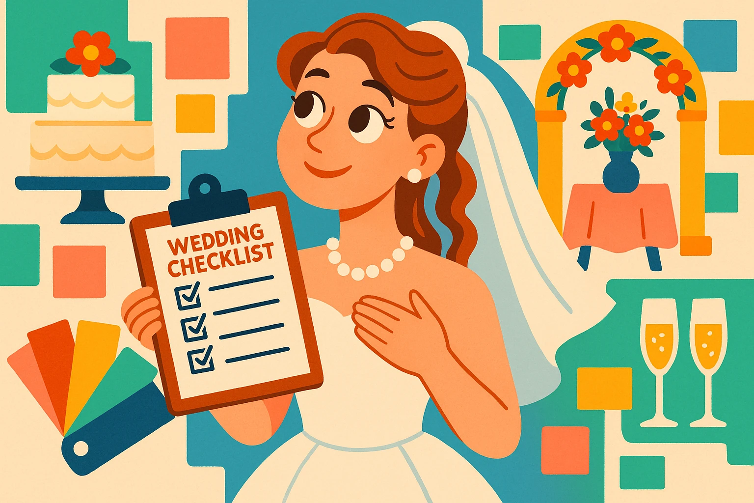 bride holding a wedding checklist with a dreamy look, surrounded by wedding decor samples and color swatches, cheerful modern illustration style emoji