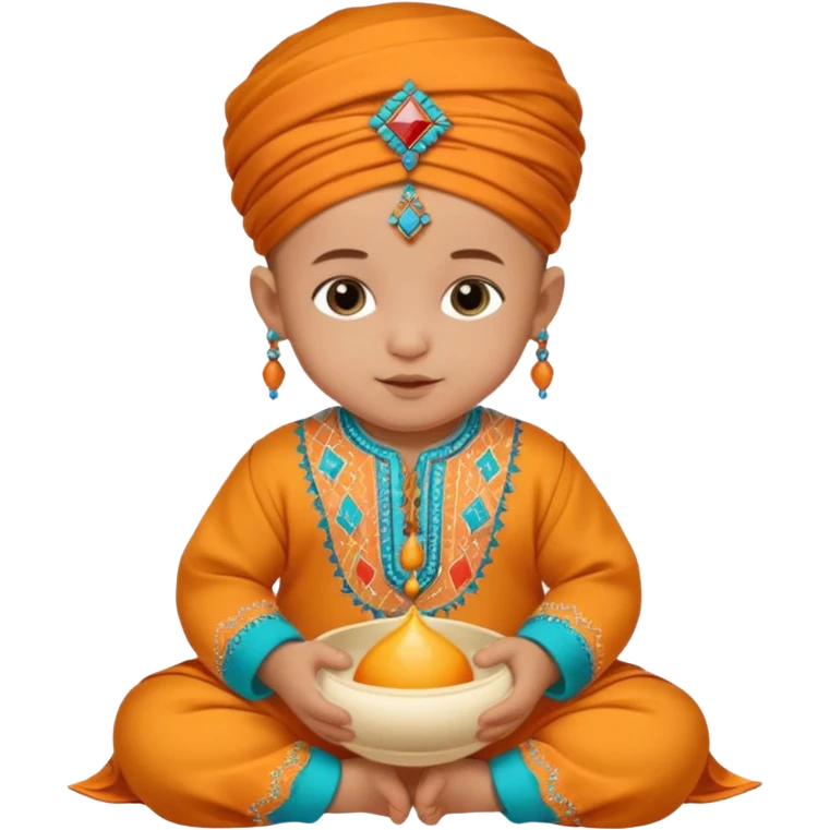  baby, dressed in colorful ghalibiya with delicate decorations, and a traditional Moroccan terbuka emoji