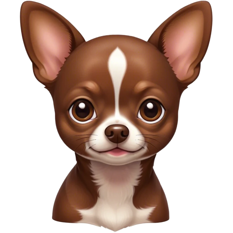 Cinematic Cute Chocolate Short Haired Chihuahua Portrait Emoji, Head tilted playfully and inquisitively, smooth chocolate fur with a lustrous sheen, round, sparkling dark eyes filled with curiosity, Simplified yet irresistibly adorable features, highly detailed, glowing with a warm, friendly glow, high shine, affectionate and lively, stylized with a touch of whimsy, bright and endearing, soft glowing outline, capturing the essence of a mischievous yet loving pup, so playful it feels like it could bound out of the screen and into your arms! emoji