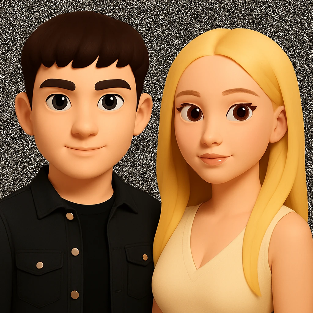 Slightly increase the volume of the upper body of the girl, significantly spread them apart from each other, make the skin color the same for both characters, while preserving the cartoonish 3D style as seen in the reference image. emoji