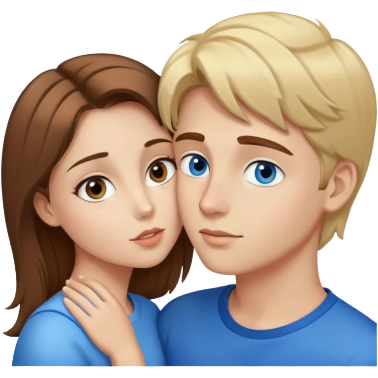 beautiful girl with brown hair and brown eyes kisses with a boy with blond hair and blue eyes emoji