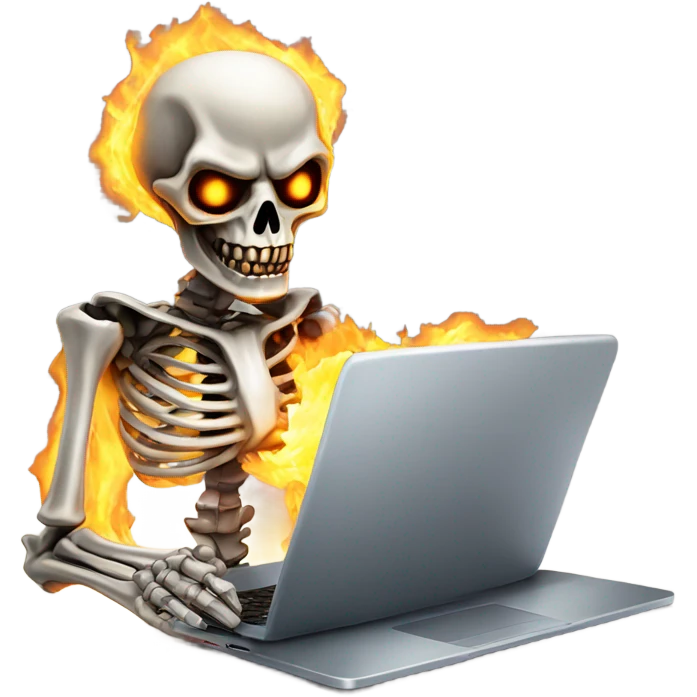 Metal skeleton with flaming eyes eating a laptop emoji