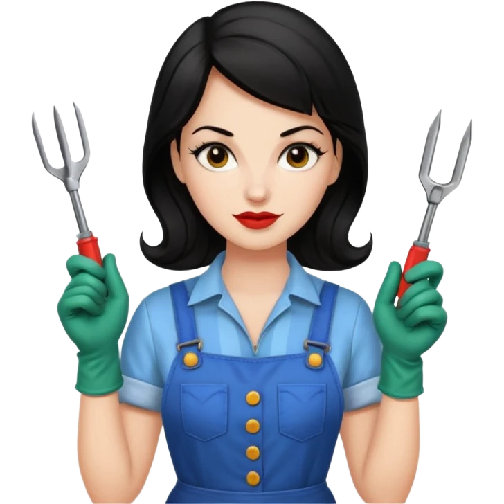I like it! Can you make her dark haired? Rockabilly vibes are good. I like the third one and last most. Could you leave the screwdrivers? She's more like the organised one. Perhaps give her washing gloves or something. Or gardening gloves. emoji