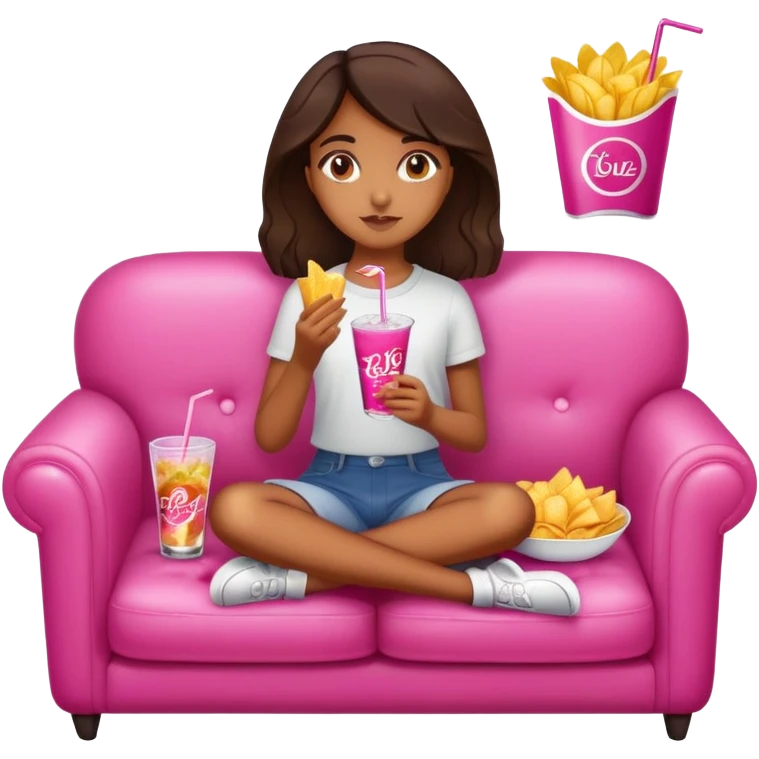 home brown girl with plate of chips and one soda drink, sitting at the pink sofa emoji