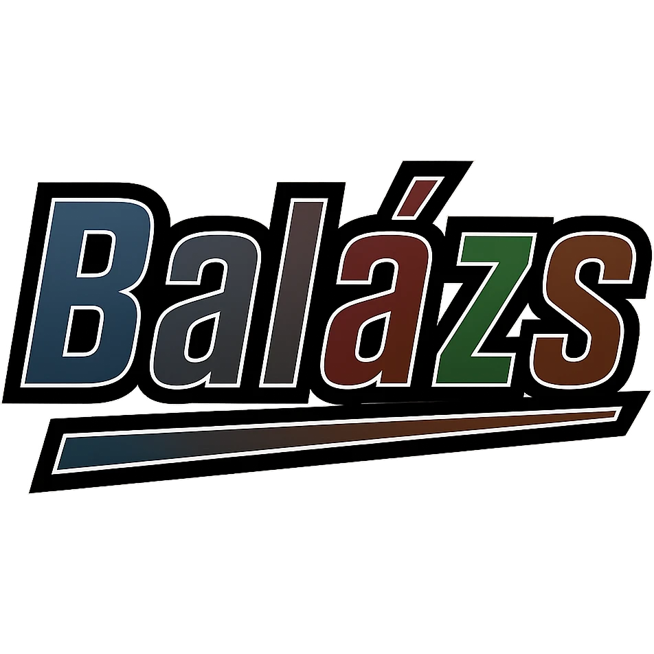 Balázs name in masculine, modern gradient font with precise Hungarian characters, dark contour, extra wide and prominent white letter frame as in reference images, dynamic slanted underline, masculine color shades (blue, gray, burgundy, green, brown), 1000x1000 px, PNG, transparent background emoji