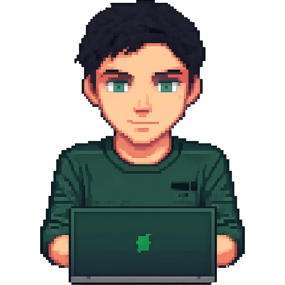 Change the man's hairstyle to a different style, keep him with dark hair and green eyes working on a laptop, pixel art style, simple background removed. Render in pixel art style. emoji