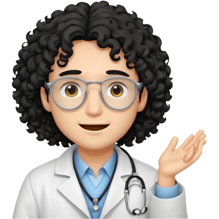 a young male doctor with black long curly hair cover his eyes a little bit and cheerful face emoji