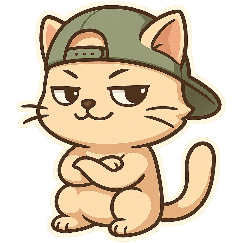 cat with a backwards cap, looking confident emoji