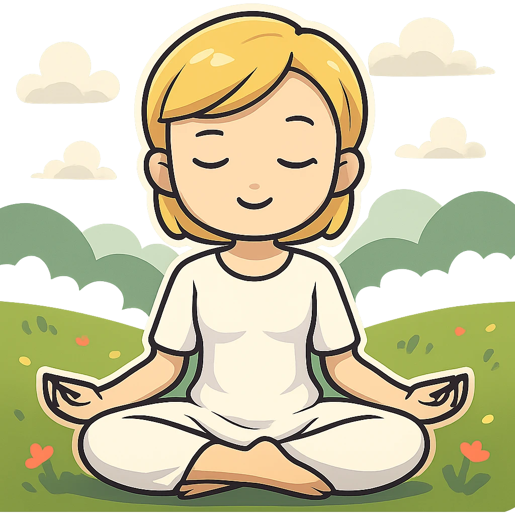 a blonde girl with a short haircut in a white dress sitting in a lotus position and meditating with a background, sticker style emoji