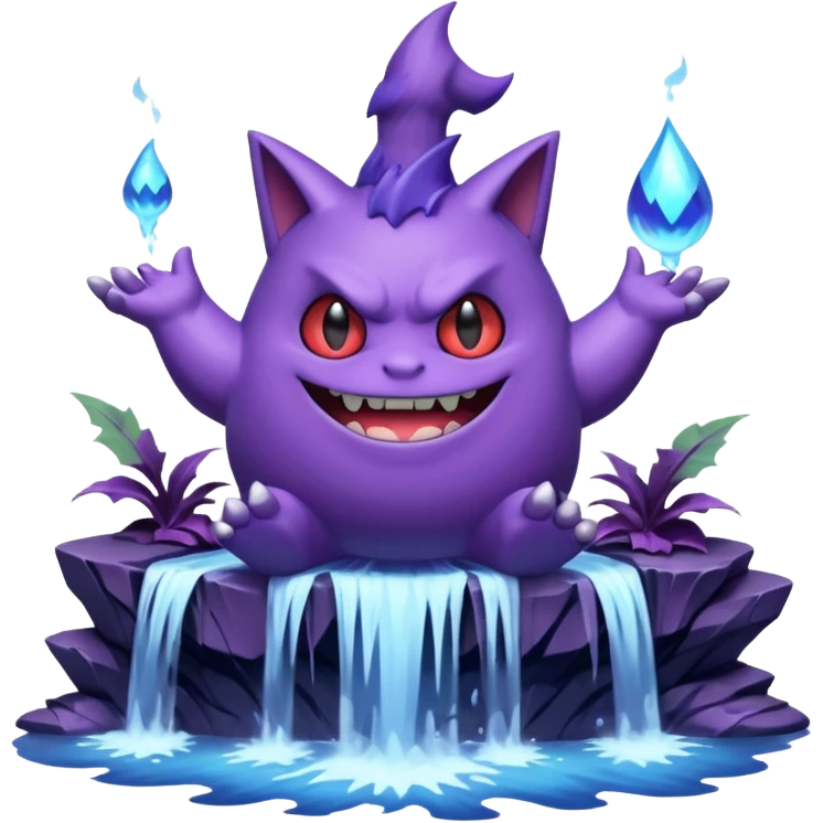 gengar from pokemon on a huge waterfall using poison magic emoji