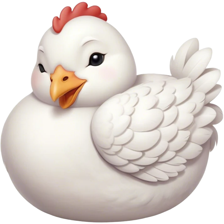Meme-Worthy Cute Sleeping White Chicken Portrait Emoji, Head resting peacefully with a contented smile, showcasing a delightfully compact build and a luxuriously soft white plumage, eyes shut in a serene, restful nap, Simplified yet hilariously adorable features, highly detailed, glowing with a soft, drowsy light, high shine, relaxed and utterly lovable, stylized with an air of playful laziness, bright and heartwarming, soft glowing outline, capturing the essence of a comically sleepy chicken, so meme-worthy it feels like it could instantly become the next viral sensation of adorable slumber! emoji