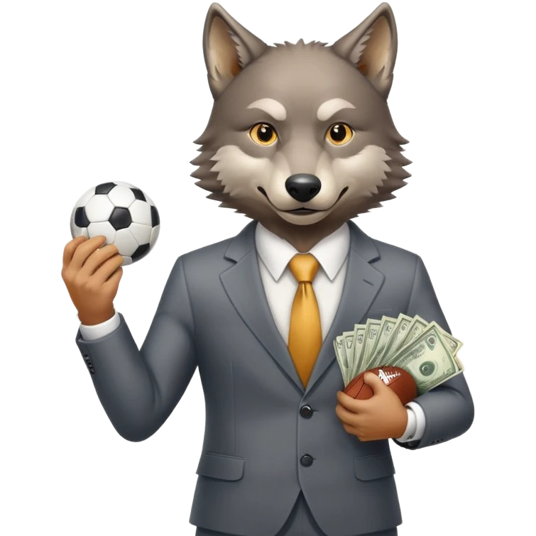 Wolf in business suit holding football and money, Wall Street wolf emoji