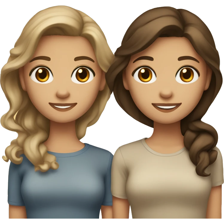 Two girl bestfriends one is brunette with middle to light skin brown eyes, the other one is dark blonde with light skin and blue eyes. Both hairs are a bit wavy but not a lot. They are smiling. emoji