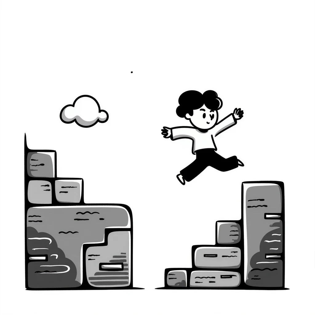 pixel art of a retro side-scrolling video game scene with blocks, platforms, clouds, and a character jumping, 8-bit Game Boy style emoji