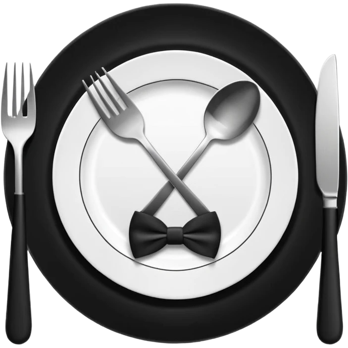 Minimalistic flat vector icon, iOS style, thin black contour on white background. Fork and knife crossed on a plate with a small bow tie above. Clean, no text, no shadows emoji