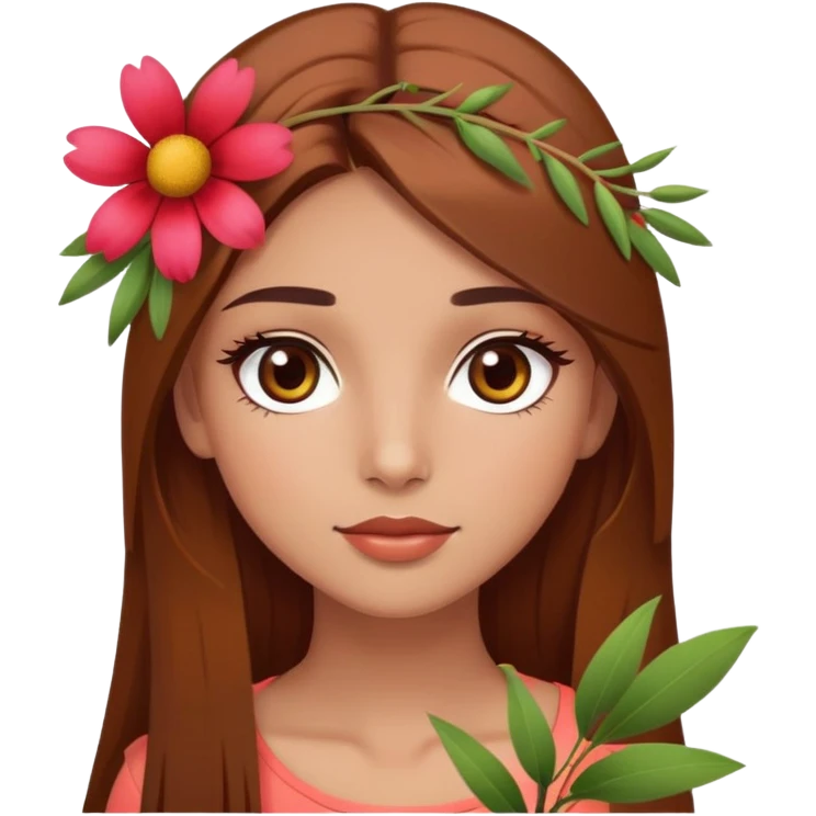 pretty girl with olive skin, hazel eyes and long lashes, has brown hair with a bit red undertone, hair is long and straight, and she’s in summer style, with one flower on her head emoji