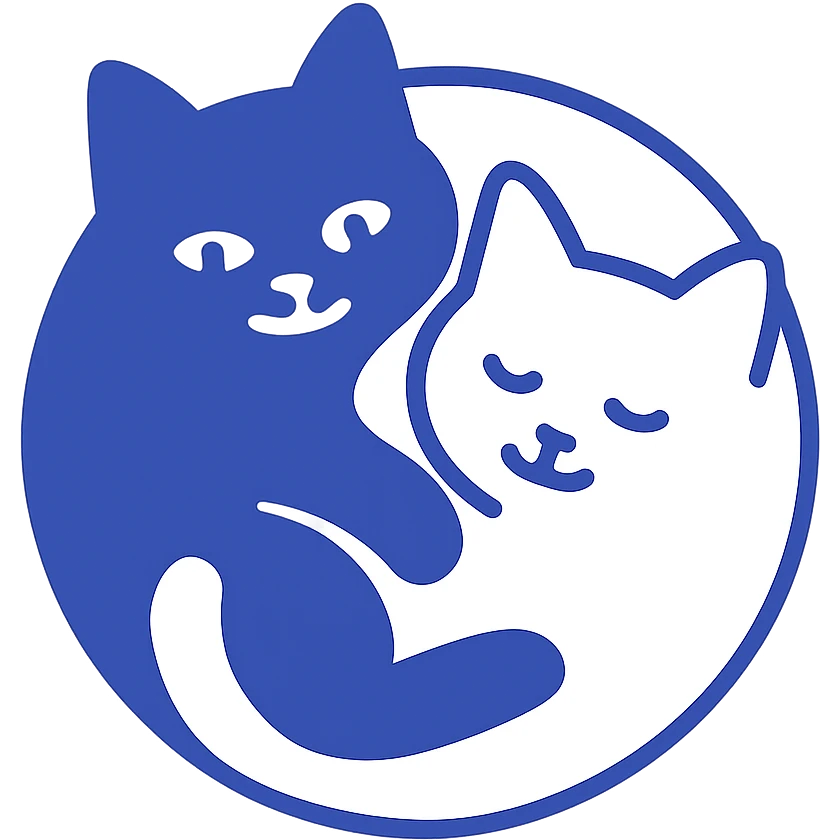 a black cat and a white cat in a yin-yang pose, stylized, clean lines, no background emoji