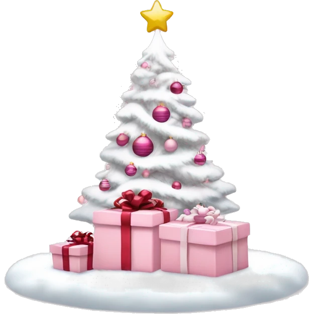 Light pink Christmas gifts under a white Christmas tree  emoji