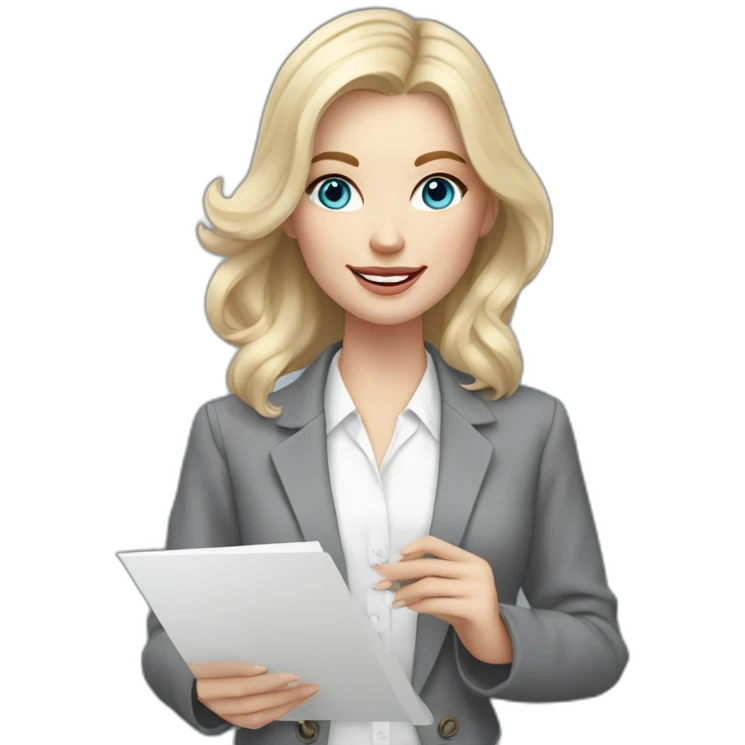 pale skin woman interior designer with cold blonde middle length hair, blue eyes, White blouse, Gray oversize jacket, Gray skirt holding a color palette in the hands emoji