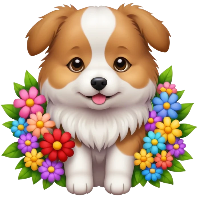 A dog holding a lot of flowers emoji