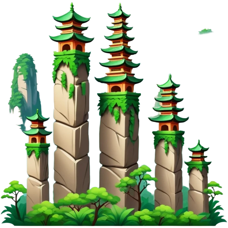 Zhangjiajie Avatar mountains, simplified emoji style with bold outlines and bright colors, cartoon style tall stone pillars with greenery emoji