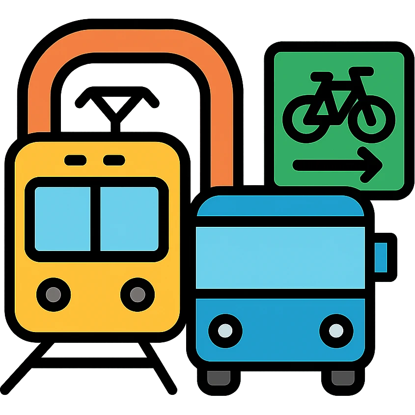 Public transit system with subway train, bus, and bicycle lanes emoji