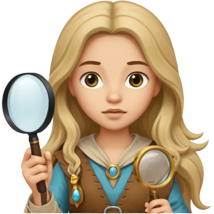 long haired girl in archaeological outfit, holding magnifying glass emoji