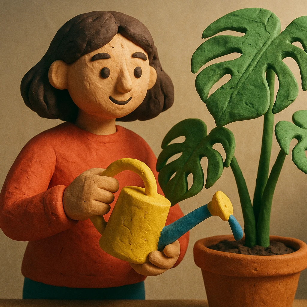 woman watering her monstera plant emoji