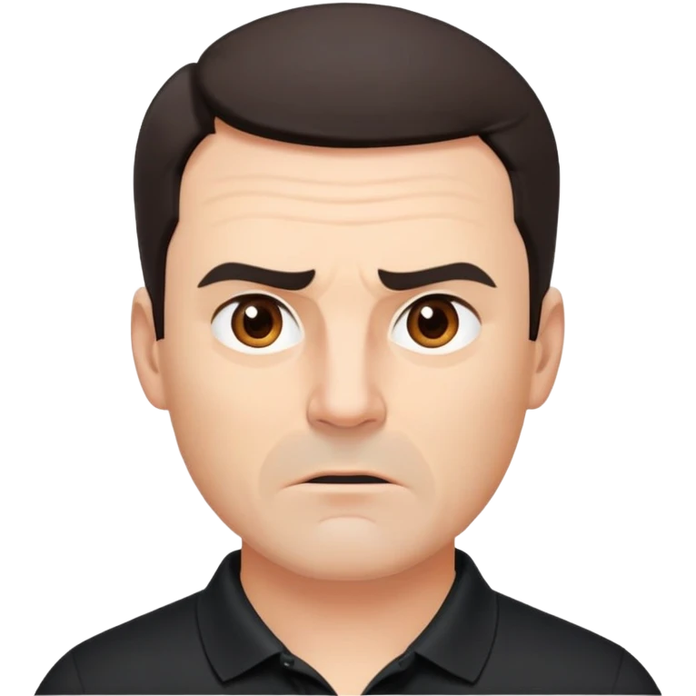 Middle-aged man with strong square face, pronounced jawline, full cheeks, manic energy with intense stare, dark brown eyes, thick raised eyebrows, wide proportional nose, mouth slightly open in disbelief, short dark hair neatly styled, wearing a black polo shirt emoji