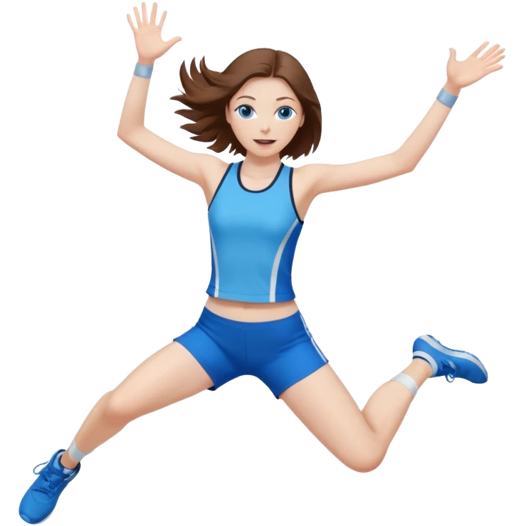 young woman with pale skin, brown hair, and blue eyes jumping into the air emoji