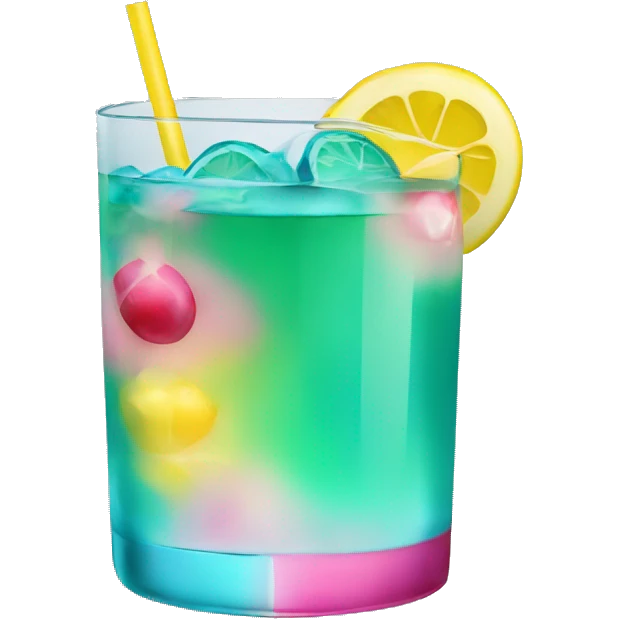Bluish green cocktail with pink and yellow emoji