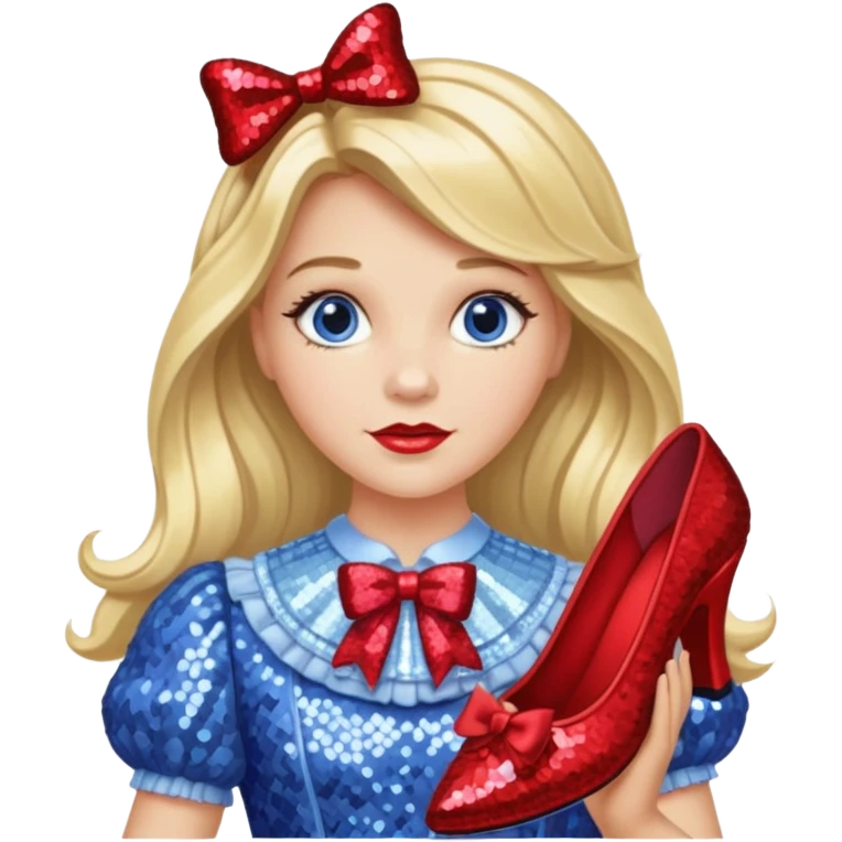 Dorothy Gale from Oz with long blonde hair, periwinkle sequin outfit, red bow emoji